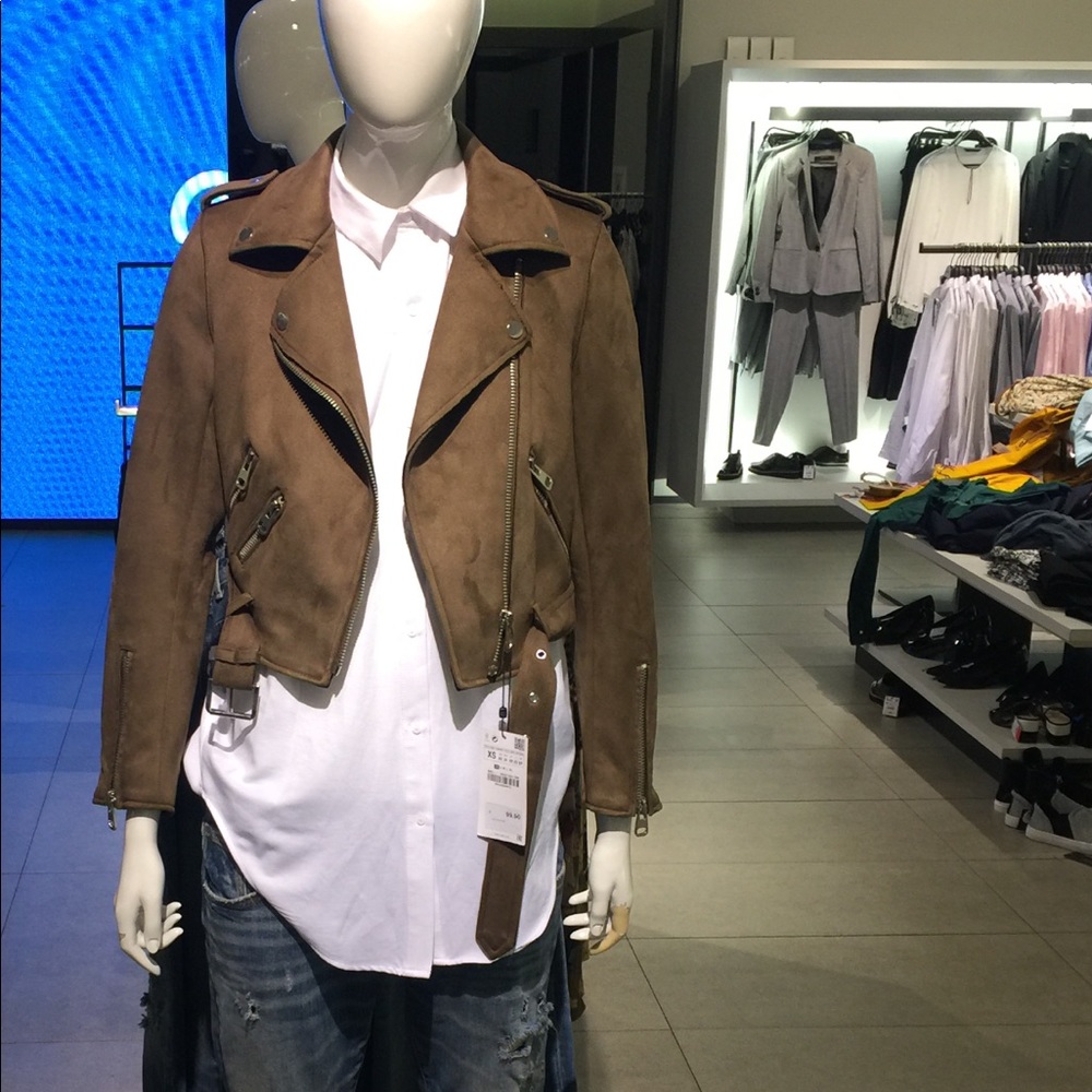 ZARA BROWN FULLY LINED FAUX LEATHER SUEDE MOTO BIKER JACKET